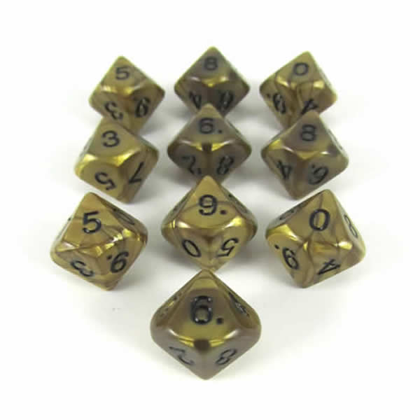 KOP12311 Gold Olympic Dice Black Numbers D10 16mm (5/8in) Set of 10 (ONLINE ORDER ONLY)
