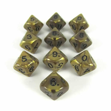 KOP12311 Gold Olympic Dice Black Numbers D10 16mm (5/8in) Set of 10 (ONLINE ORDER ONLY)