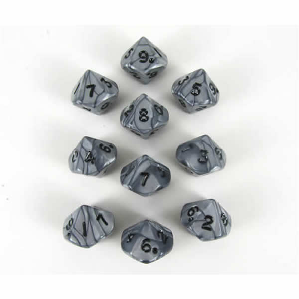 KOP12312 Silver Olympic Dice Black Numbers D10 16mm (5/8in) Set of 10 (ONLINE ORDER ONLY)