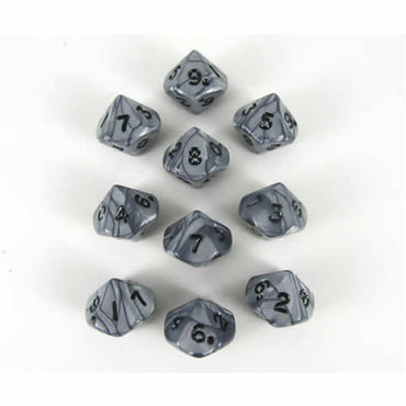 KOP12312 Silver Olympic Dice Black Numbers D10 16mm (5/8in) Set of 10 (ONLINE ORDER ONLY)