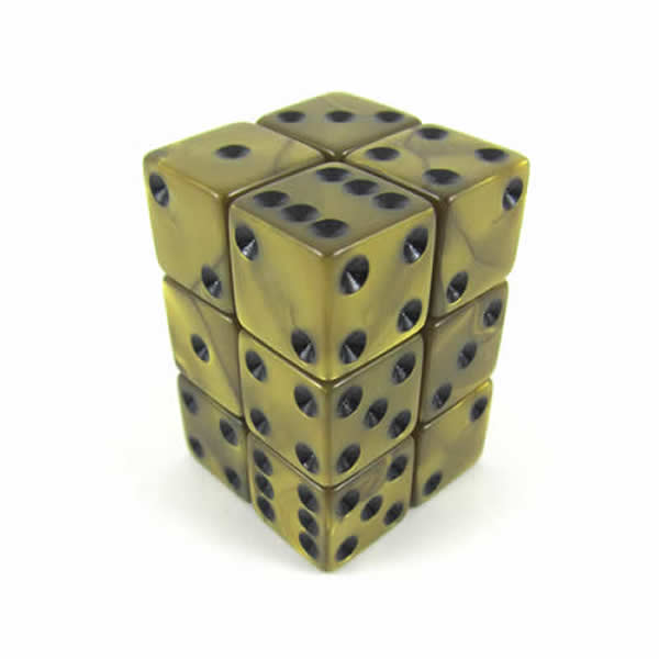 KOP12353 Gold Olympic Dice with Black Pips D6 16mm (5/8in) Set of 12 (ONLINE ORDER ONLY)