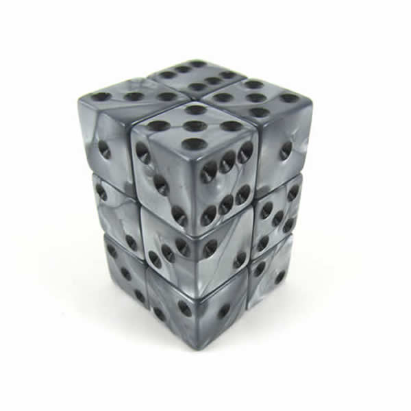 KOP12355 Silver Olympic Dice with Black Pips D6 16mm (5/8in) Set of 12 (ONLINE ORDER ONLY)
