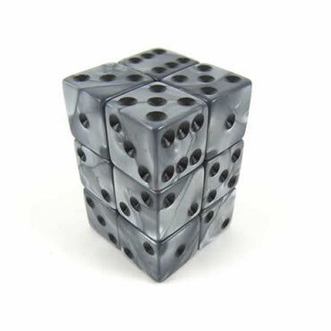 KOP12355 Silver Olympic Dice with Black Pips D6 16mm (5/8in) Set of 12 (ONLINE ORDER ONLY)