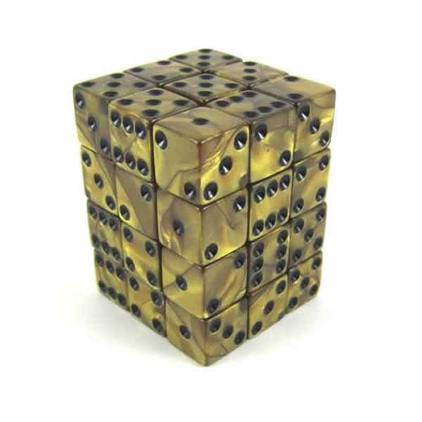 KOP12366 Gold Olympic Dice with Black Pips D6 12mm (1/2in) Set of 36 (ONLINE ORDER ONLY)