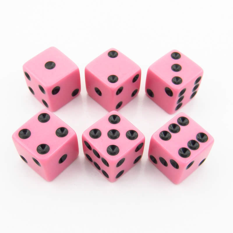 KOP12666 Pink Opaque Dice with Black Pips D6 16mm (5/8in) Pack of 6 (ONLINE ORDER ONLY)