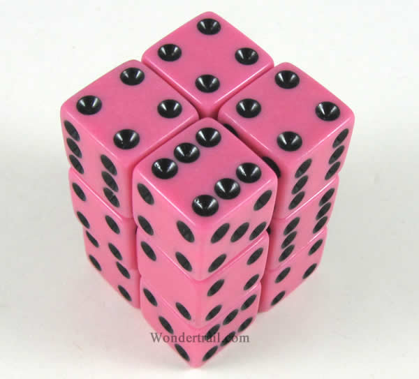 KOP12667 Pink Opaque Dice with Black Pips D6 16mm (5/8in) Pack of 12 (ONLINE ORDER ONLY)