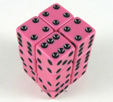 KOP12667 Pink Opaque Dice with Black Pips D6 16mm (5/8in) Pack of 12 (ONLINE ORDER ONLY)