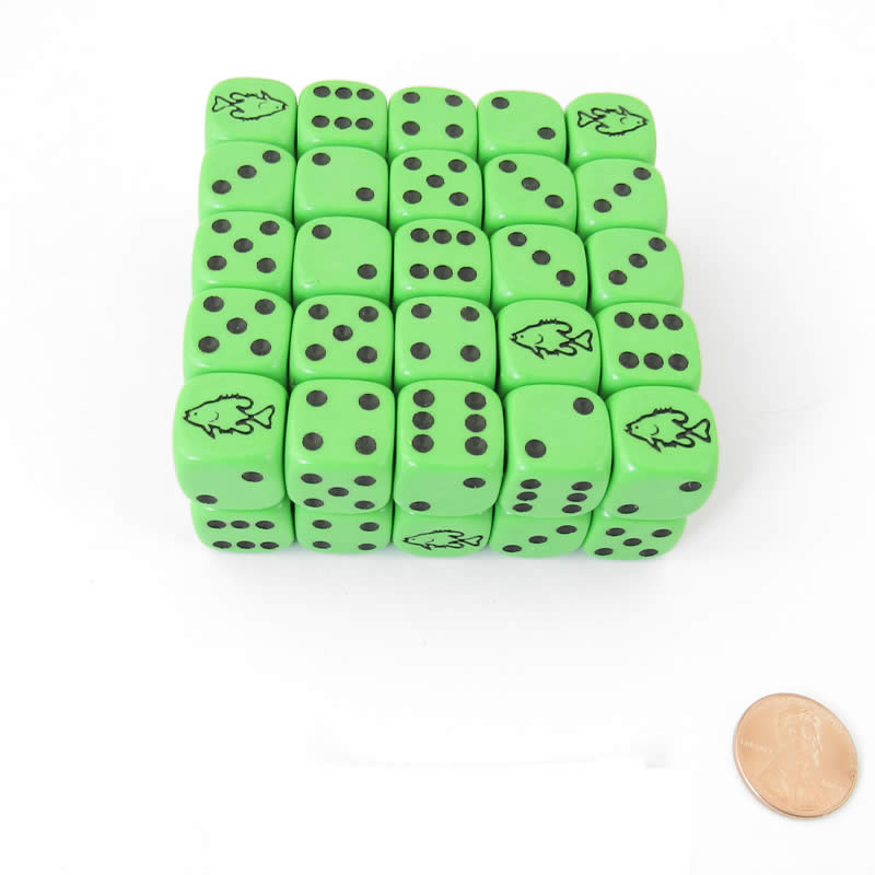 KOP12861 Green Fish Dice with Black Pips D6 16mm (5/8in) Bulk Pack of 50 (ONLINE ORDER ONLY)