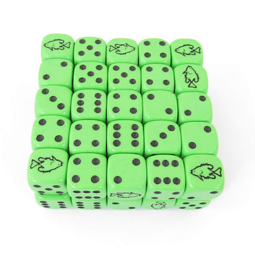 KOP12861 Green Fish Dice with Black Pips D6 16mm (5/8in) Bulk Pack of 50 (ONLINE ORDER ONLY)
