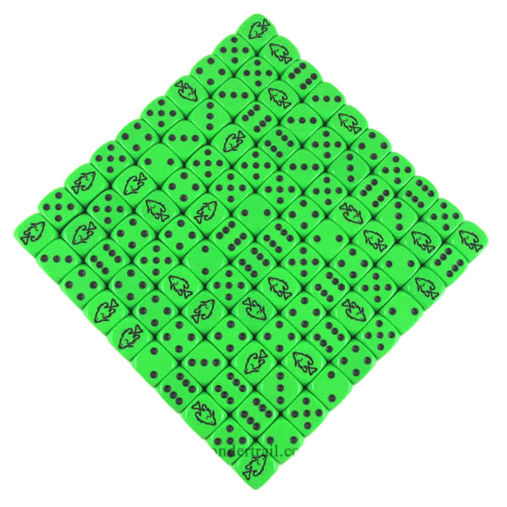 KOP12863 Green Fish Dice with Black Pips D6 16mm (5/8in) Bulk Pack of 100 (ONLINE ORDER ONLY)