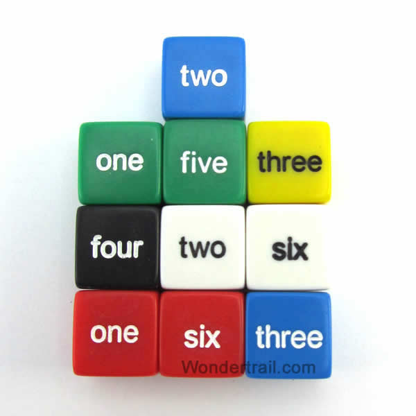 KOP12952 Word Number Dice D6 16mm (5/8in) Set of 10 Dice Koplow (ONLINE ORDER ONLY)