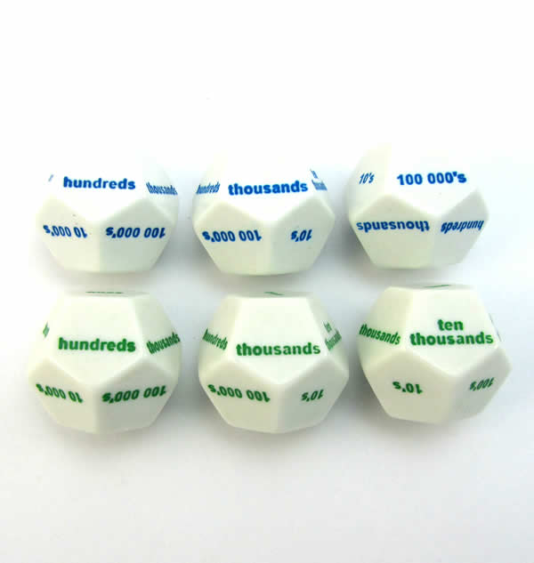 KOP13212 Place Value Dice D12 28mm (1 3/32in) Set of 6 Koplow Games (ONLINE ORDER ONLY)