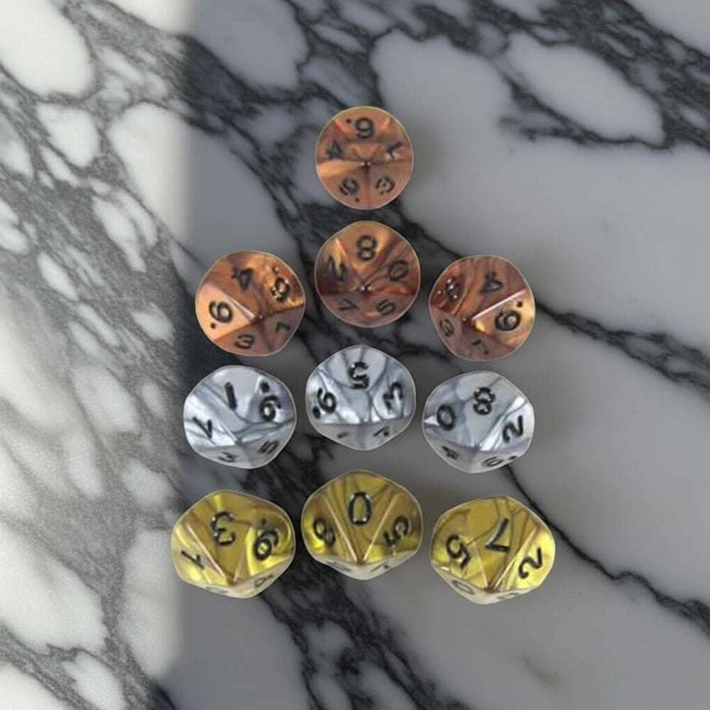 KOP13375 Assorted Olympic Dice with Black Numbers D10 16mm (5/8in) Pack of 10 Dice (ONLINE ORDER ONLY)