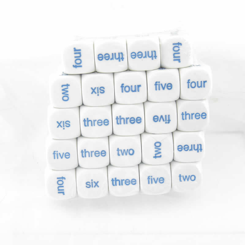 KOP14513 White Dice Blue 1 - 6 Word Numbers D6 20mm (25/32 inch) Pack of 40 Koplow (ONLINE ORDER ONLY)