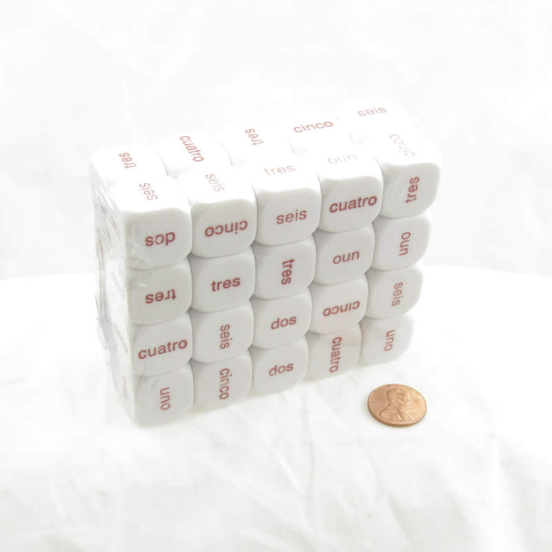 KOP14515 Spanish Word Numbers 1 - 6 White Dice D6 Red Words 20mm (25/32 inch) Pack of 40 Koplow (ONLINE ORDER ONLY)