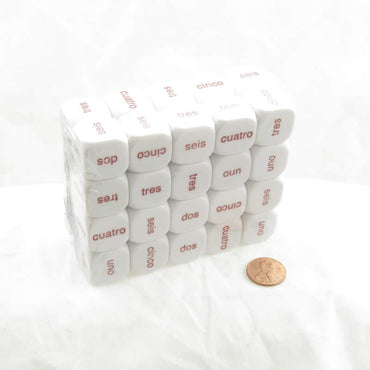 KOP14515 Spanish Word Numbers 1 - 6 White Dice D6 Red Words 20mm (25/32 inch) Pack of 40 Koplow (ONLINE ORDER ONLY)