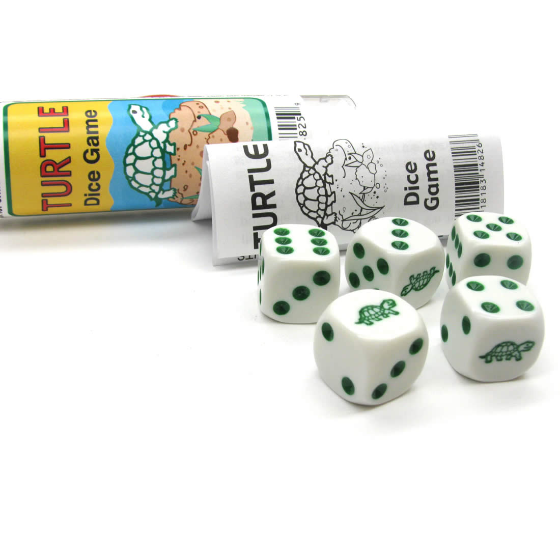 KOP14826 Turtle Dice Game White Opaque Dice with Green Pips D6 16mm (5/8in) Koplow Games (ONLINE ORDER ONLY)