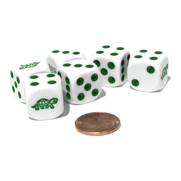 KOP14826 Turtle Dice Game White Opaque Dice with Green Pips D6 16mm (5/8in) Koplow Games (ONLINE ORDER ONLY)