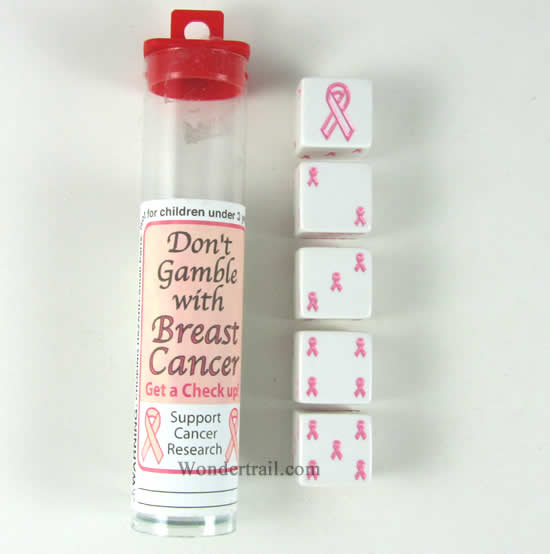 KOP15526 Pink Ribbon Dice White Opaque Pink Ribbons D6 19mm Pack of 5 (ONLINE ORDER ONLY)