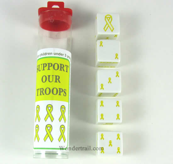 KOP15925 Yellow Ribbon Dice White Opaque with Yellow Ribbons D6 19mm (3/4in) Pack of 5 Koplow Games (ONLINE ORDER ONLY)