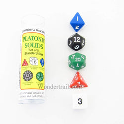 KOP16221 Platonic Dice Assorted Colors with Numbers 16mm (5/8in) Set of 5 Dice (ONLINE ORDER ONLY)
