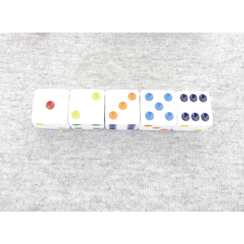 KOP16242 Rainbow Dice White Opaque Rainbow Colored Pips 16mm Set of 5 (ONLINE ORDER ONLY)