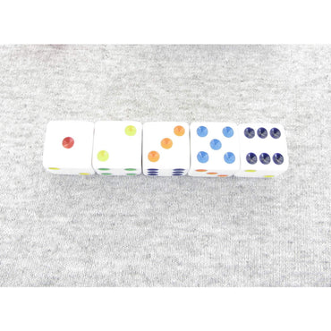 KOP16242 Rainbow Dice White Opaque Rainbow Colored Pips 16mm Set of 5 (ONLINE ORDER ONLY)