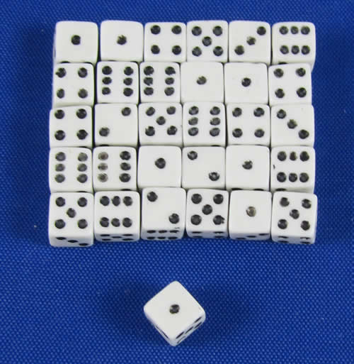 KOP16492 White Opaque Dice with Black Pips D6 5mm (13/64in) Pack of 30 Koplow Games (ONLINE ORDER ONLY)