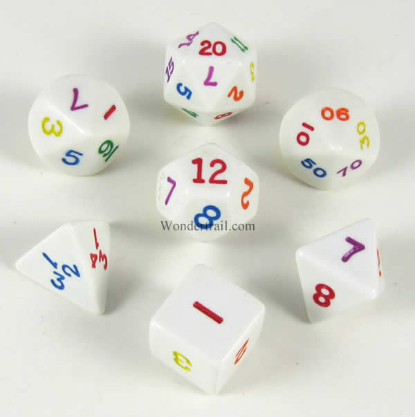 KOP16790 Rainbow Dice White Opaque Dice Multi-Colored Numbers 16mm Set of 7 (ONLINE ORDER ONLY)