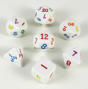 KOP16790 Rainbow Dice White Opaque Dice Multi-Colored Numbers 16mm Set of 7 (ONLINE ORDER ONLY)
