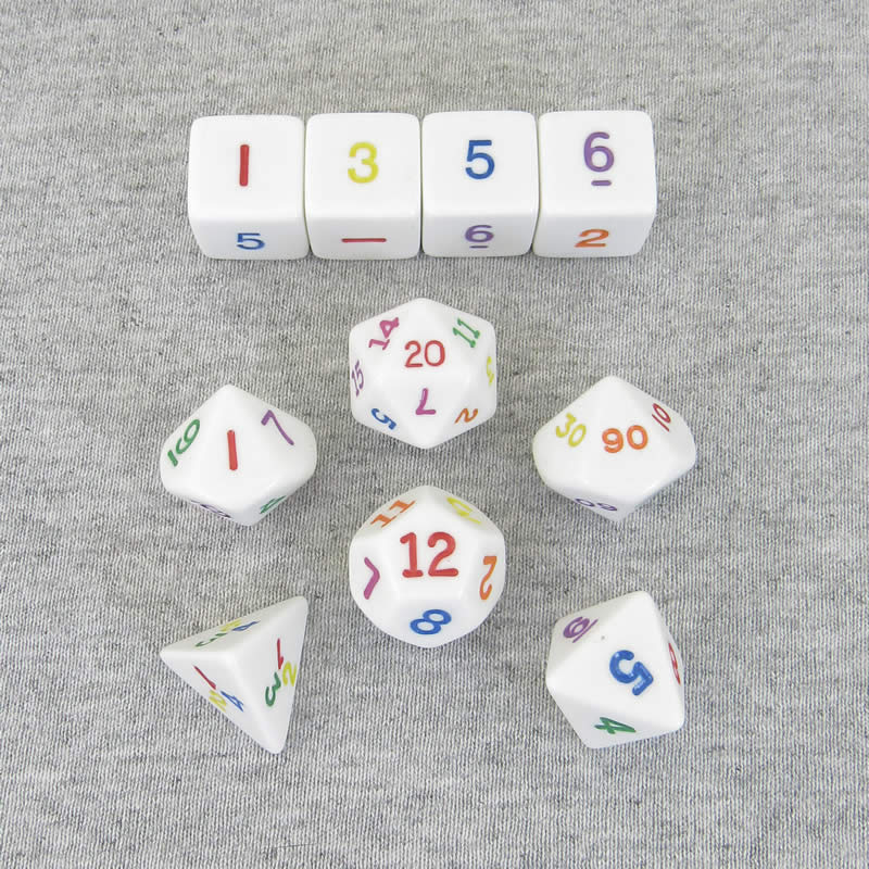 KOP16791 Rainbow Dice White Opaque Dice with Multi-Colored Numbers 16mm (5/8in) Set of 10 Koplow Games (ONLINE ORDER ONLY)