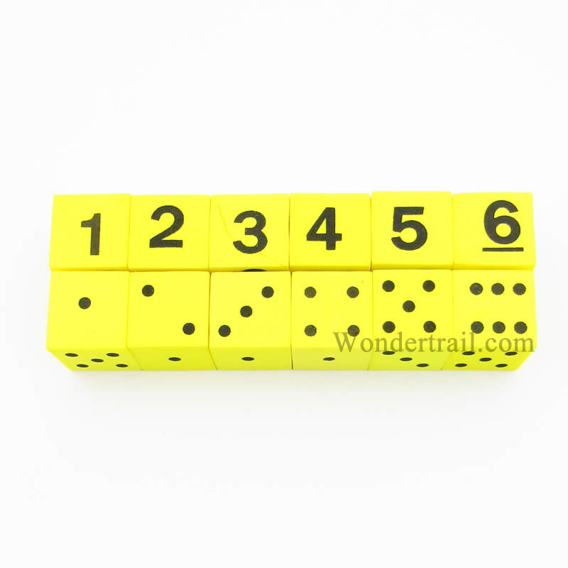KOP17338 Yellow Foam Dice Black Dots and Numbers D6 16mm Pack of 12 (ONLINE ORDER ONLY)