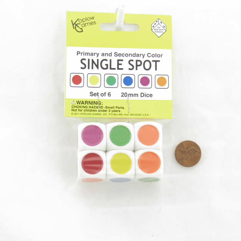 KOP17518 White Spot Dice Different Colored Spots D6 20mm Set of 6 Koplow Games (ONLINE ORDER ONLY)