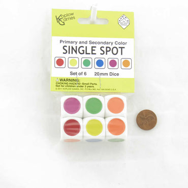 KOP17518 White Spot Dice Different Colored Spots D6 20mm Set of 6 Koplow Games (ONLINE ORDER ONLY)