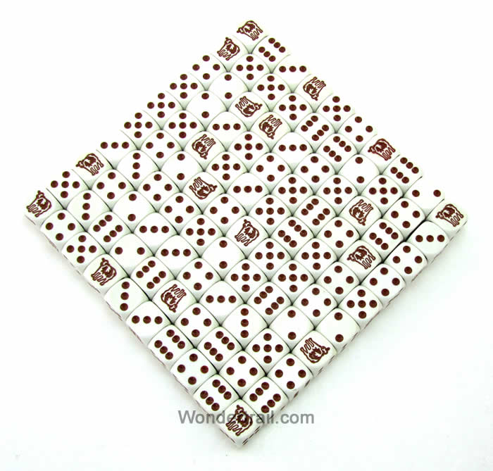 KOP17670 Cow Dice White Opaque with Brown Pips D6 16mm (5/8in) Bulk Pack of 100 Dice (ONLINE ORDER ONLY)