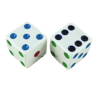 KOP17815 White Opaque Dice with Different Colored Pips D6 25mm (1in) Pack of 2 Dice (ONLINE ORDER ONLY)