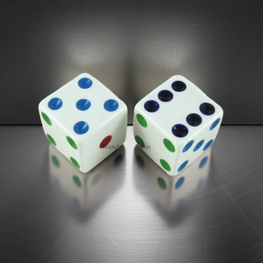 KOP17815 White Opaque Dice with Different Colored Pips D6 25mm (1in) Pack of 2 Dice (ONLINE ORDER ONLY)