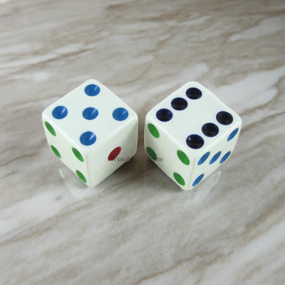 KOP17815 White Opaque Dice with Different Colored Pips D6 25mm (1in) Pack of 2 Dice (ONLINE ORDER ONLY)