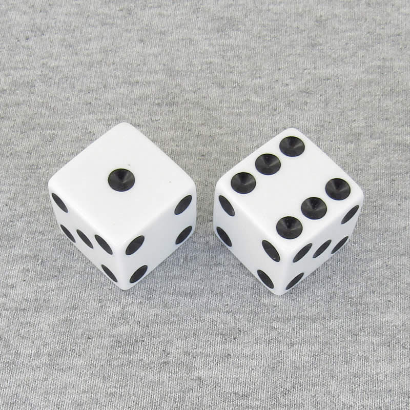 KOP17818 White Opaque Dice with Black Pips D6 25mm (1in) Pack of 2 (ONLINE ORDER ONLY)