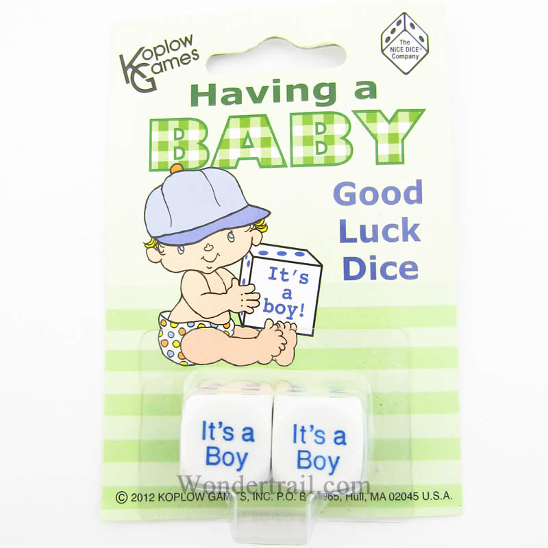 KOP17962 It is a Baby Boy Dice White with Blue Pips D6 16mm (5/8in) Set of 2 (ONLINE ORDER ONLY)