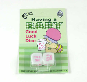 KOP17963 It is a Baby Girl Dice White with Pink Pips D6 16mm (5/8in) Set of 2 Koplow Games (ONLINE ORDER ONLY)