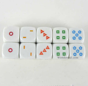 KOP18008 Shapes Dice White Dice Colored Shapes D6 16mm Pack of 10 (ONLINE ORDER ONLY)