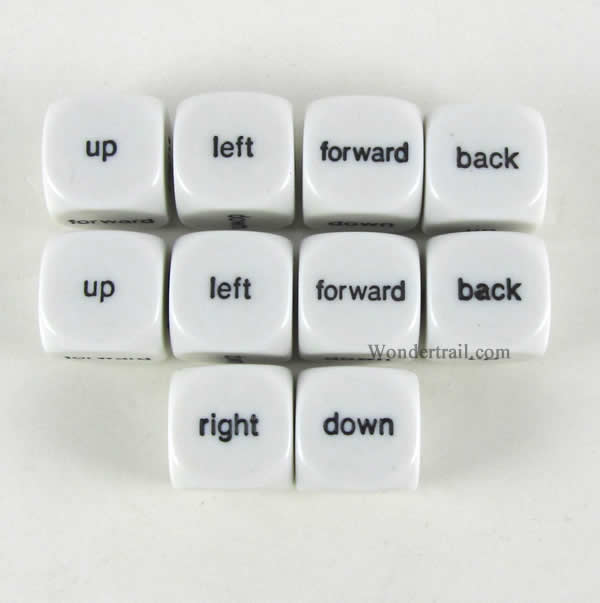 KOP18014 Direction Dice White Dice Black Directions D6 16mm Pack of 10 (ONLINE ORDER ONLY)