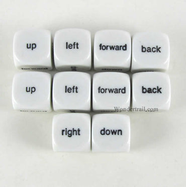 KOP18014 Direction Dice White Dice Black Directions D6 16mm Pack of 10 (ONLINE ORDER ONLY)