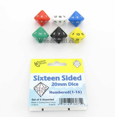 KOP18075 Assorted Color Dice D16 Colored Numbers 1-16 20mm Pack of 6 (ONLINE ORDER ONLY)