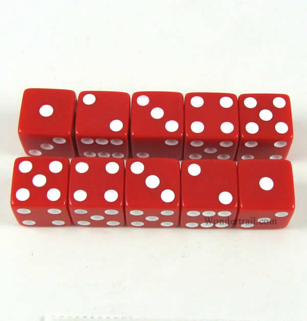 KOP18324 Red Opaque Dice with White Pips D6 16mm (5/8) Set of 10 (ONLINE ORDER ONLY)