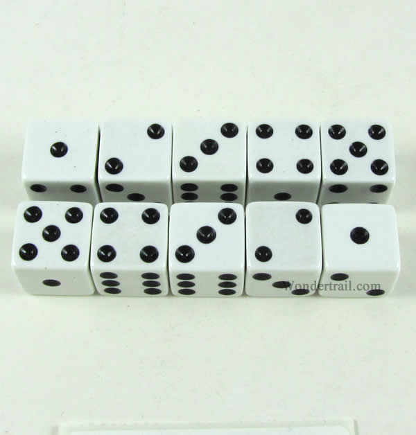 KOP18327 White Opaque Dice with Black Pips D6 16mm (5/8) Set of 10 (ONLINE ORDER ONLY)