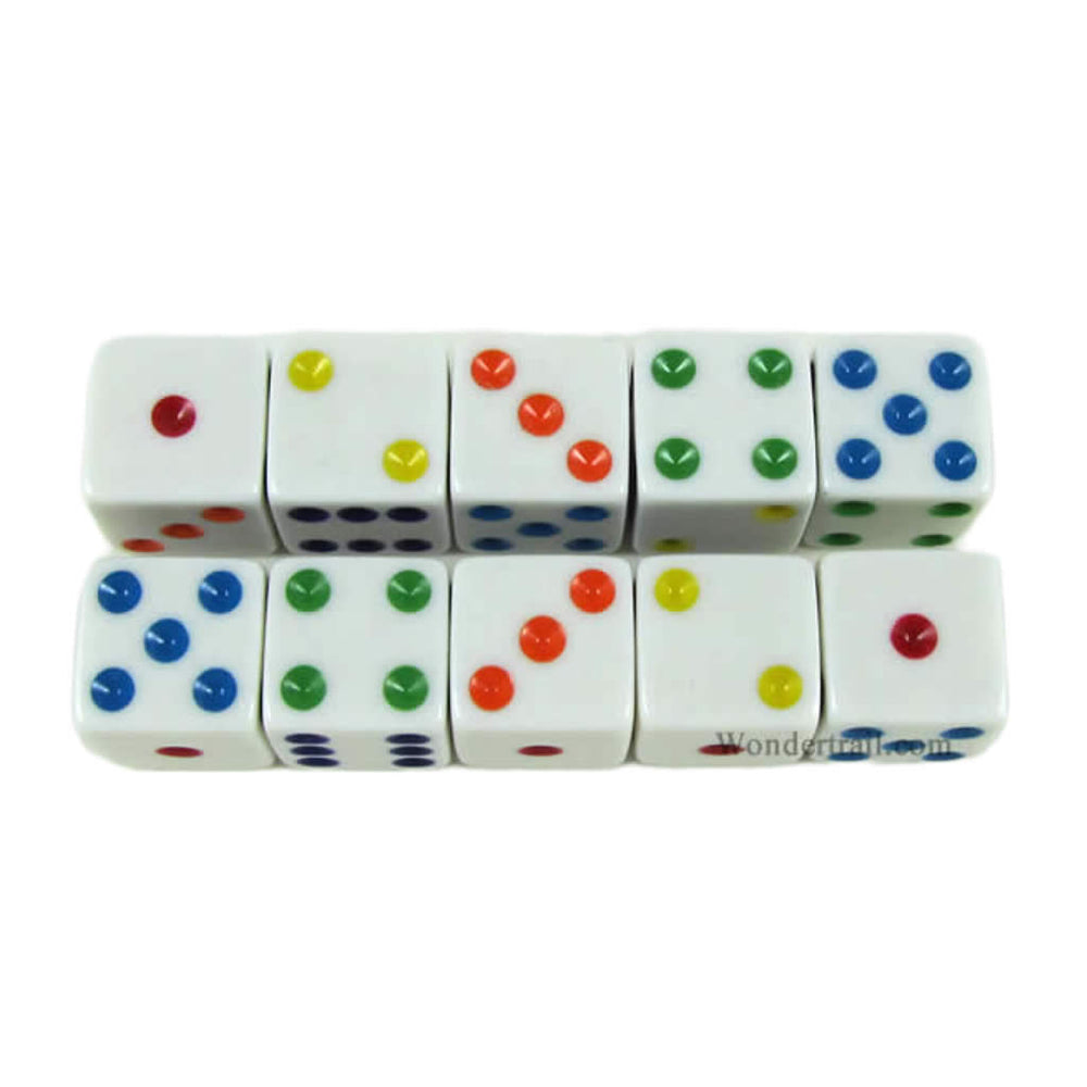KOP18330 White Opaque Dice with Multi Color Pips D6 16mm (5/8) Set of 10 Dice (ONLINE ORDER ONLY)