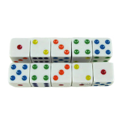 KOP18330 White Opaque Dice with Multi Color Pips D6 16mm (5/8) Set of 10 Dice (ONLINE ORDER ONLY)