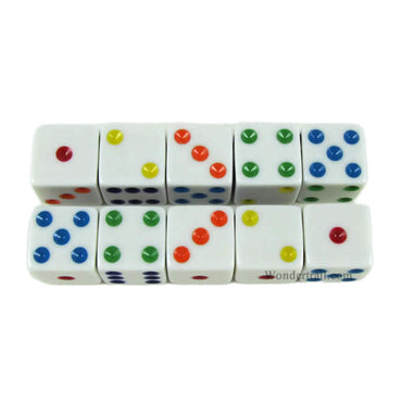KOP18330 White Opaque Dice with Multi Color Pips D6 16mm (5/8) Set of 10 Dice (ONLINE ORDER ONLY)